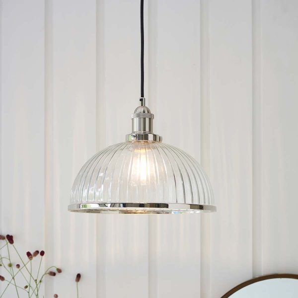 Hansen ribbed glass ceiling pendant in polished nickel, hanging in room