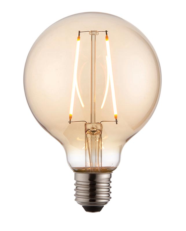 Amber Glass 95mm Globe 2w LED Filament E27 Light Bulb 190 Lm