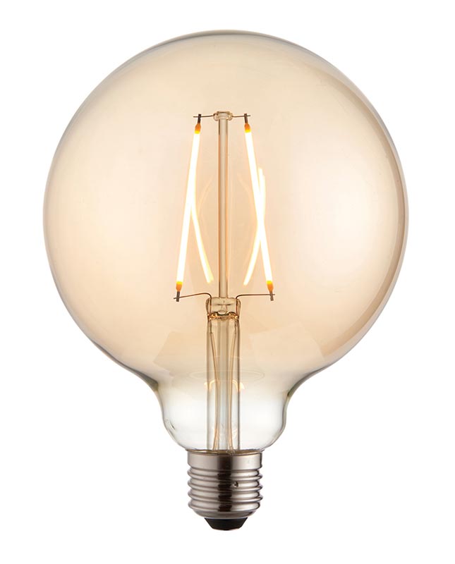 Amber Glass 125mm Globe 2w LED Filament E27 Light Bulb 190 Lm