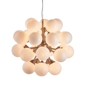 Oscar 28 light ceiling pendant in satin nickel with opal glass shades, main image lit
