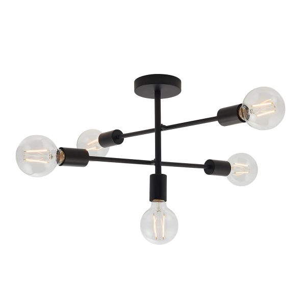 Studio 5 light industrial semi flush ceiling light in matt black on white background lit