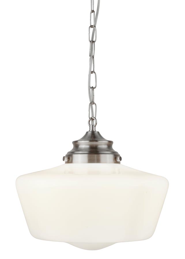 School House 1 Light Pendant Ceiling Light Satin Silver Opal Glass