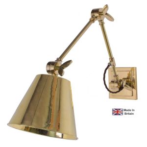 Library vintage style triple hinged wall light in solid brass shown polished