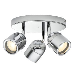 Knight 3 light bathroom spotlight plate in polished chrome and rated IP44, on white background, lit.