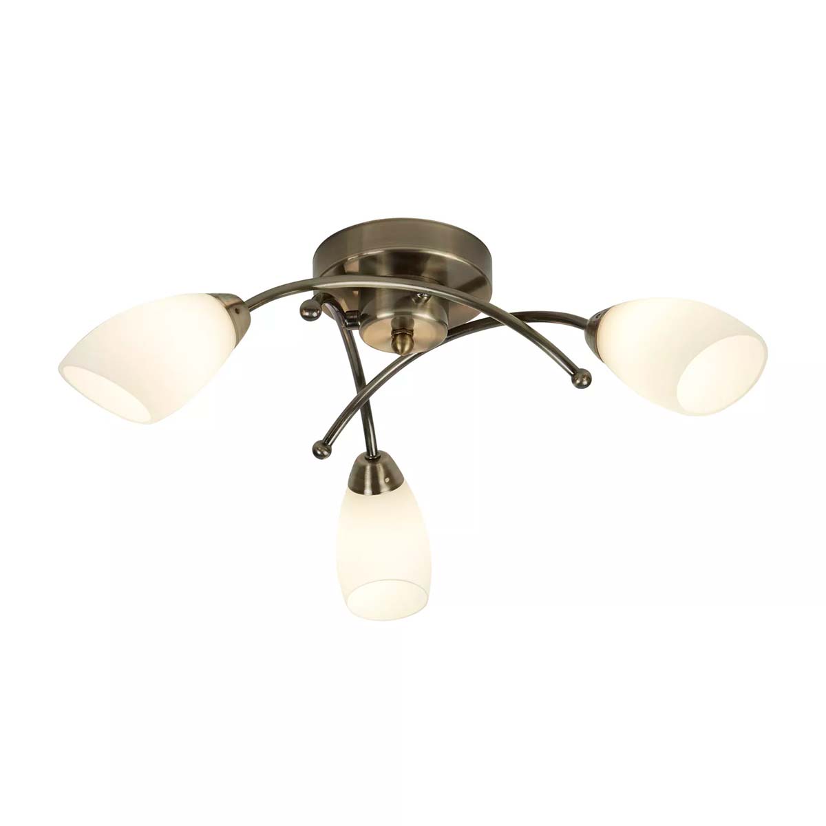 Opera 3 Light Flush Antique Brass Ceiling Light with Opal Glass