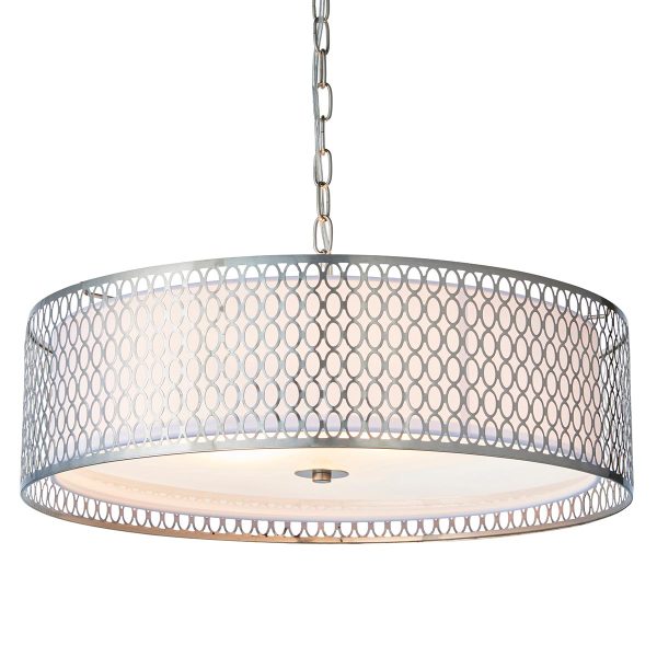 Cordero 3 light ceiling pendant in satin nickel on white background lit