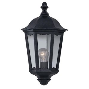 Alex traditional flush outdoor wall down lantern in black on white background
