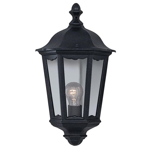 Alex traditional flush outdoor wall down lantern in black on white background