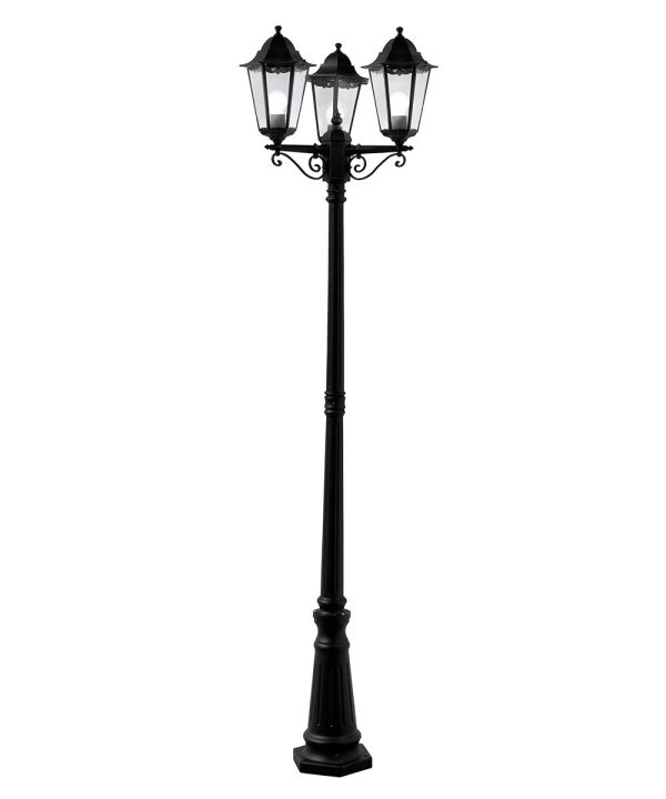 Alex traditional 3 light garden lamp post lantern in black, full height on white background