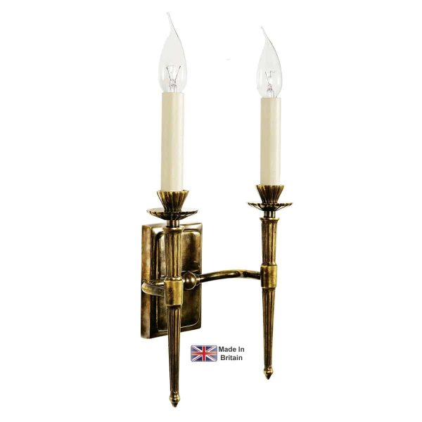 Hampton 2 lamp Edwardian wall light in solid brass shown in light antique