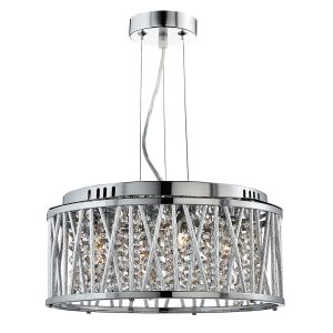 Elise 3 light drum pendant in polished chrome with crystal glass on white background
