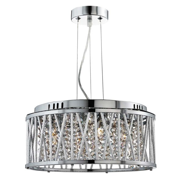 Elise 3 light drum pendant in polished chrome with crystal glass on white background