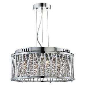 Elise 4 light drum pendant in polished chrome with crystal glass on white background