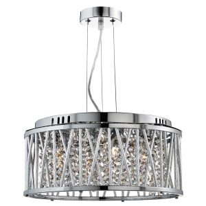 Elise 5 light drum pendant in polished chrome with crystal glass on white background