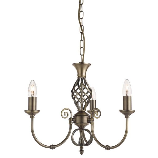 Zanzibar traditional 3 light chandelier in antique brass on white background