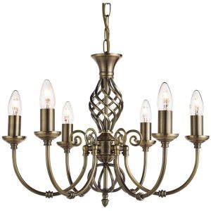 Zanzibar traditional 6 light chandelier in antique brass on white background