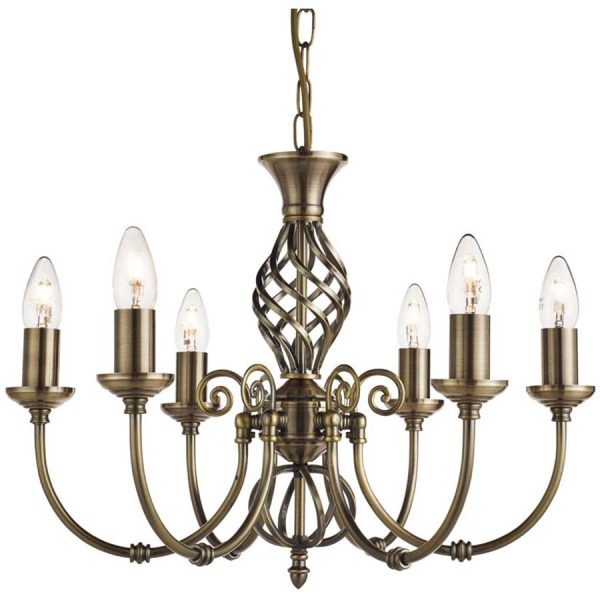 Zanzibar traditional 6 light chandelier in antique brass on white background