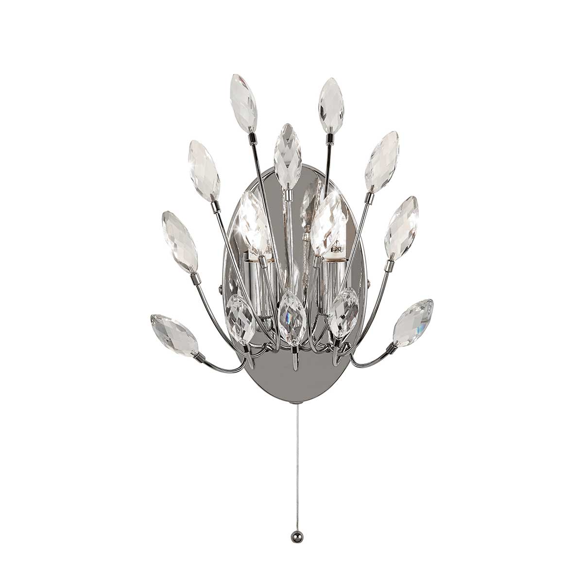 Peacock Traditional 2 Lamp Switched Crystal Wall Light Polished Chrome