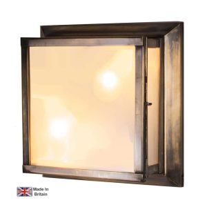 Art Deco porch light in solid brass with frosted glass shown in light antique