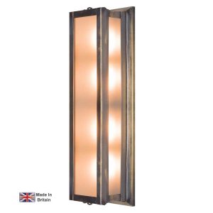 Art Deco 4 lamp outdoor wall light in solid brass with frosted glass shown in light antique