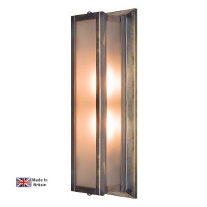 Art Deco 2 lamp outdoor wall light in solid brass with frosted glass shown in light antique