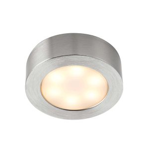 Hera round CCT LED under cabinet light in satin nickel shown lit