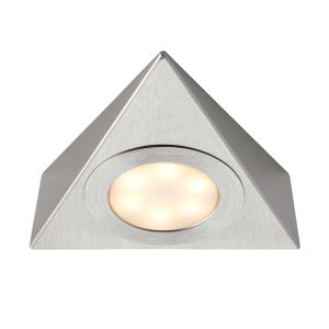 Nyx triangular CCT LED under cabinet light in satin chrome shown in warm white