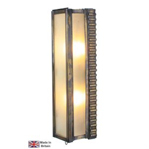 Ripple medium outdoor wall light in solid brass with frosted glass shown in light antique