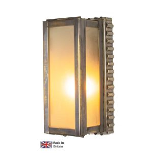 Ripple small outdoor wall light in solid brass with frosted glass shown in light antique