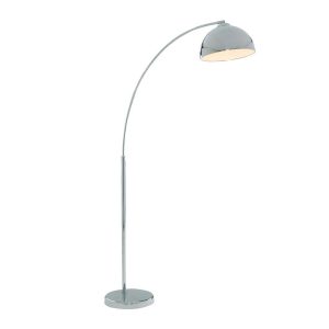 Giraffe arc floor lamp in polished chrome with domed shade on white background