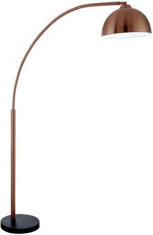 Giraffe arc floor lamp in copper finish with domed shade on white background