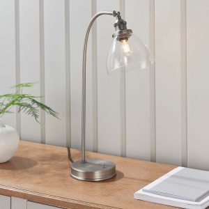 Hansen industrial table lamp in brushed silver on sitting room sideboard