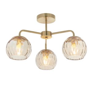 Dimple 3 light semi flush ceiling light with champagne glass on white background lit