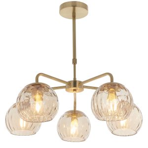 Dimple telescopic 5 light pendant in brushed brass on white background lit