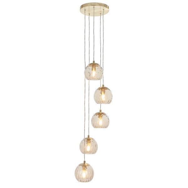Dimple 5 light cluster pendant in brushed brass on white background