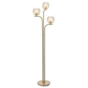 Dimple 3 light floor lamp in brushed brass on white background lit