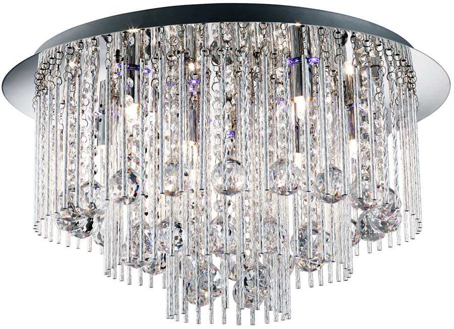 Beatrix 8 Light Flush Ceiling Light Polished Chrome Crystal Drops Remote