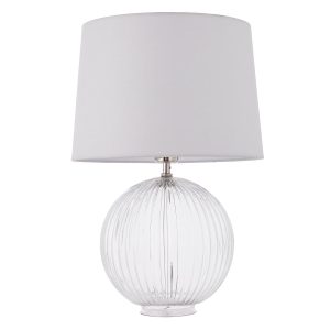 Jemma 1 light ribbed clear glass table lamp with vintage white shade, unlit on white background