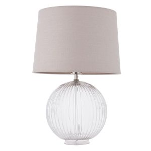 Jemma 1 light ribbed clear glass table lamp with natural linen shade on white background unlit