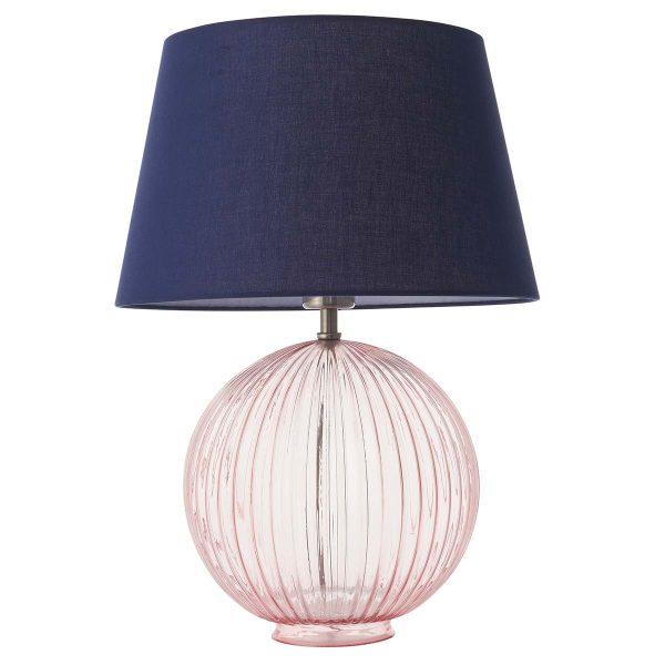 Jemma 1 light ribbed pink glass table lamp with navy blue shade, on white background unlit