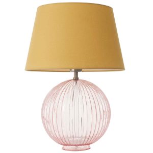 Jemma 1 light ribbed pink glass table lamp with yellow shade, on white background unlit