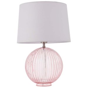 Jemma 1 light ribbed pink glass table lamp with vintage white shade, on white background unlit