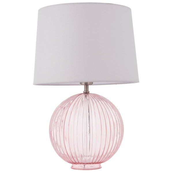 Jemma 1 light ribbed pink glass table lamp with vintage white shade, on white background unlit