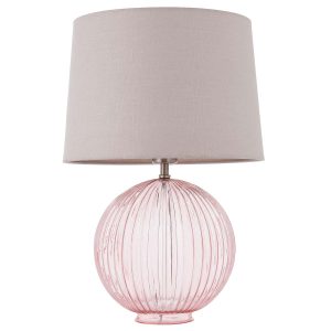 Jemma 1 light ribbed pink glass table lamp with natural linen shade, on white background unlit