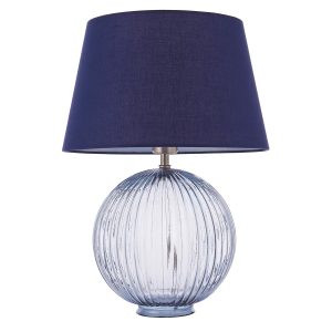 Jemma 1 light ribbed smoked glass table lamp with navy blue shade, unlit on white background