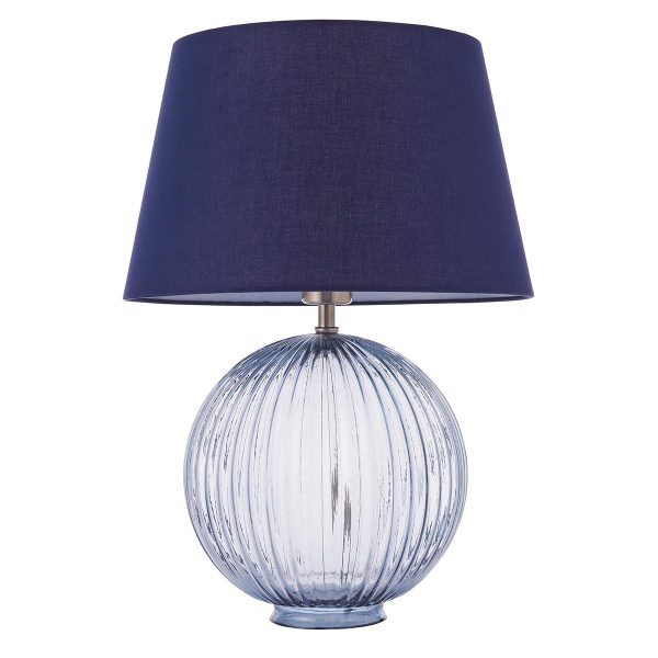 Jemma 1 light ribbed smoked glass table lamp with navy blue shade, unlit on white background