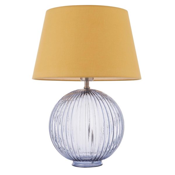 Jemma 1 light ribbed smoked glass table lamp with yellow shade on white background unlit