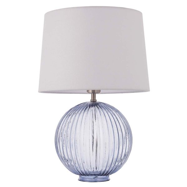 Jemma 1 light ribbed smoked glass table lamp with vintage white shade, on white background unlit