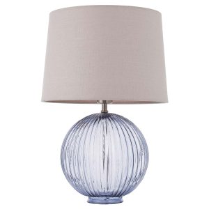 Jemma 1 light ribbed smoked glass table lamp with natural linen shade, on white background unlit