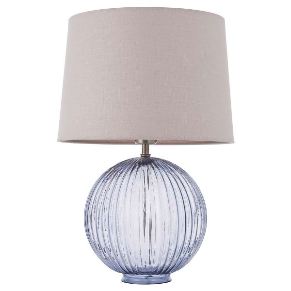 Jemma 1 light ribbed smoked glass table lamp with natural linen shade, on white background unlit